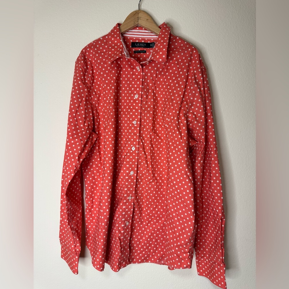 Lauren Ralph Lauren Red Polka Dot Stretch Button Down Shirt XXL